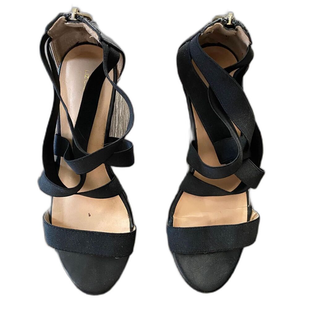 Liz Claiborne Black Elastic Strap Open Toe Zip Up Back Wedges Women's Size 7.5